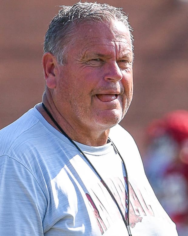 Razorbacks coach Sam Pittman at practice Friday morning